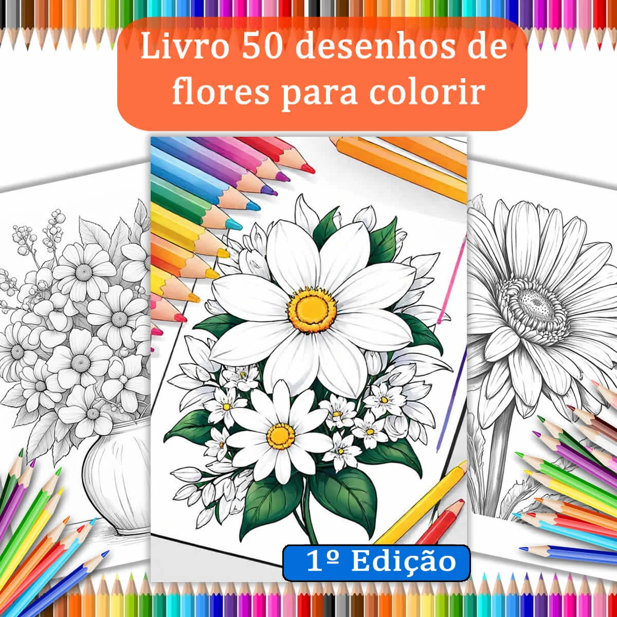 Livro 50 desenhos de flores para colorir 1 edição
