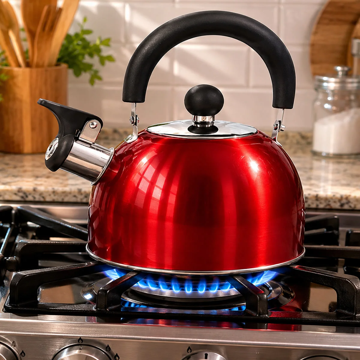 Chaleira Inox Vermelha com Apito 2L Design Moderno e Segurança no Preparo das Suas Bebidas
