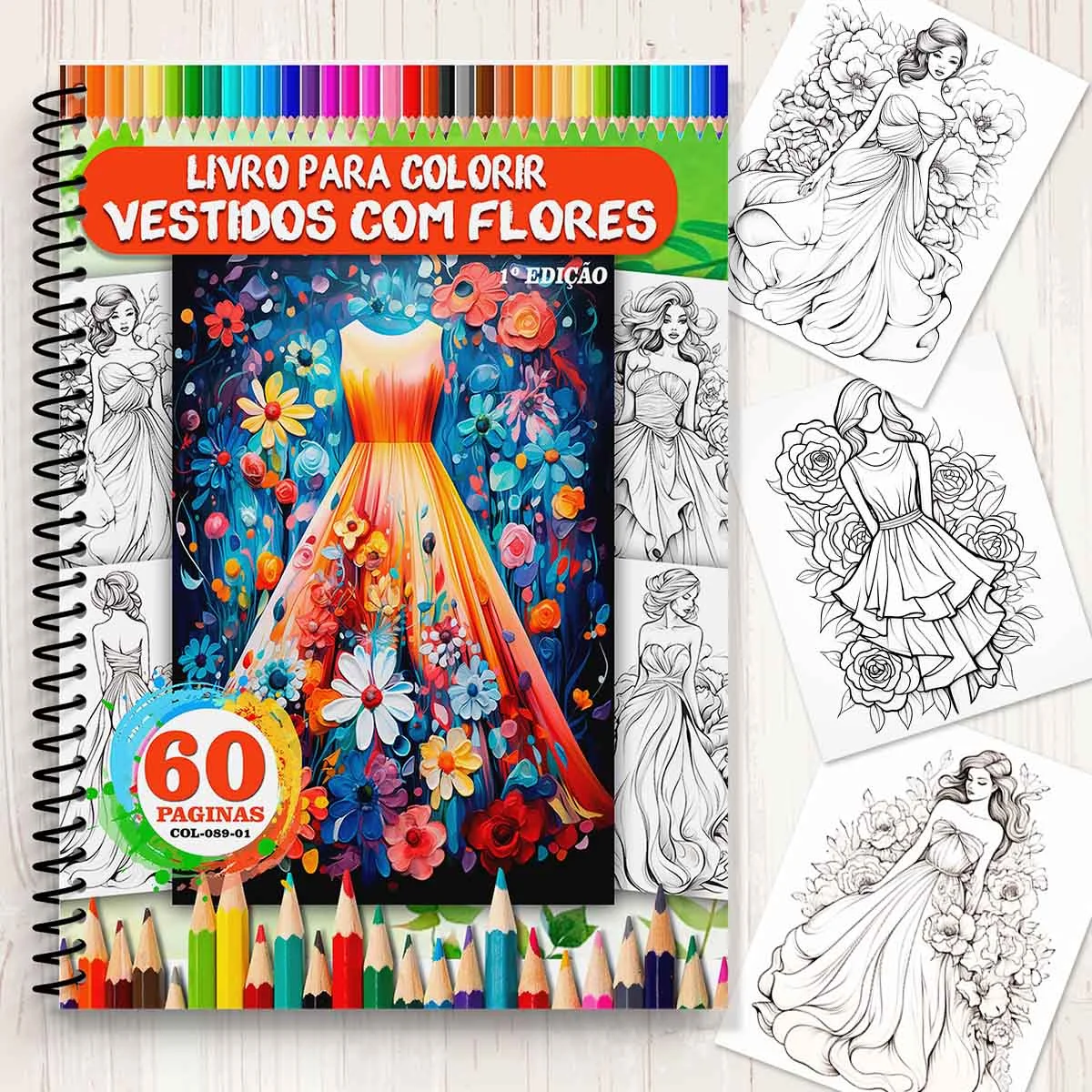 Livro de colorir 60 imagens de vestidos com flores 1 edição COL-089-01