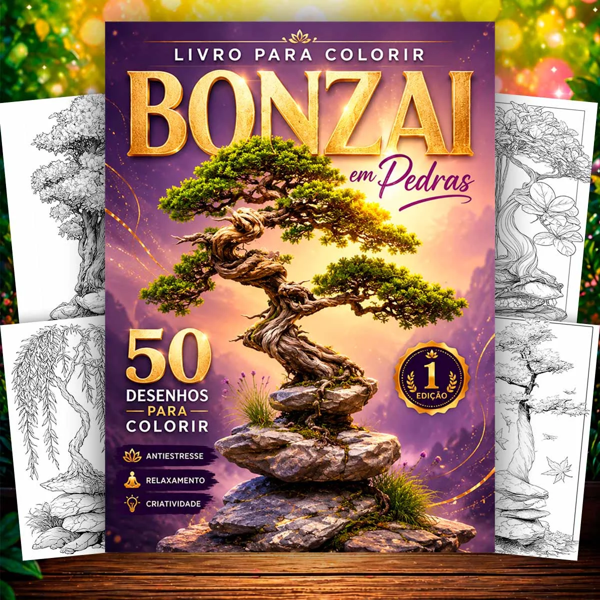 Livro para Colorir Árvores Bonsai Zen e Pedras