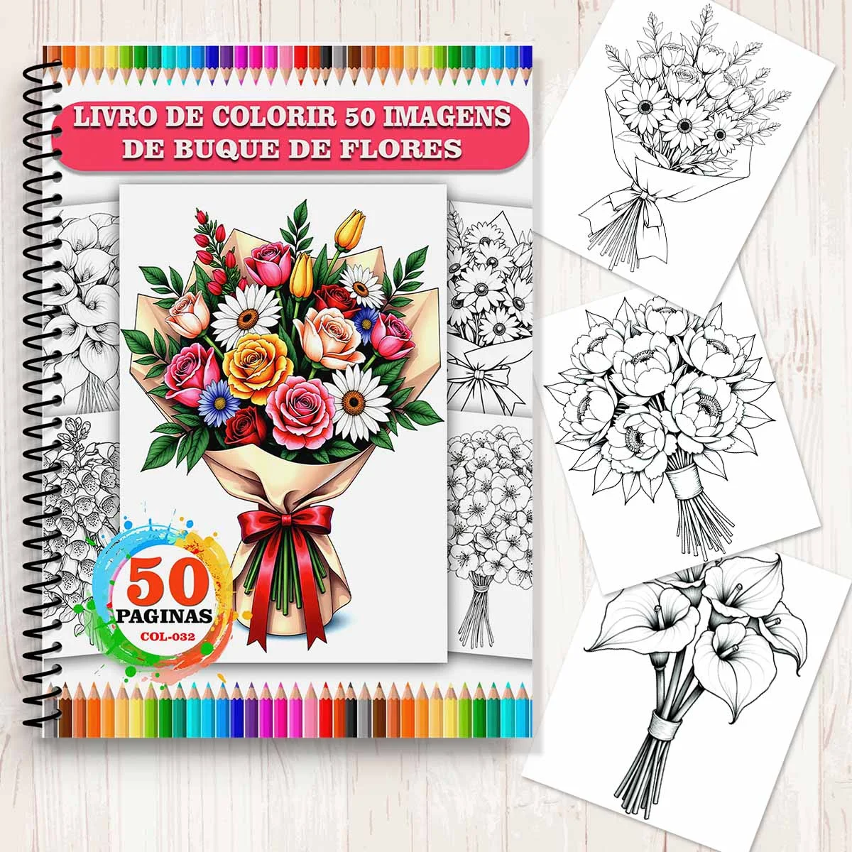 Livro para Colorir Kit 50 Imagens Buquê de Flores | Alivia o estresse, buque florais