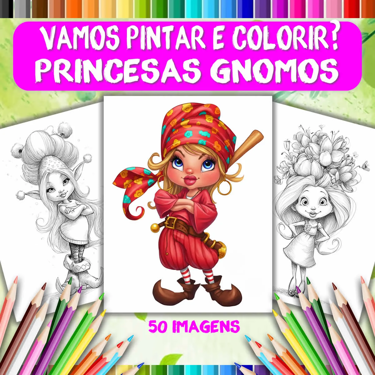 Livro de Colorir Antiestresse Princesas Gnomos | 50 Páginas | Atividade Criativa para Adultos COL041