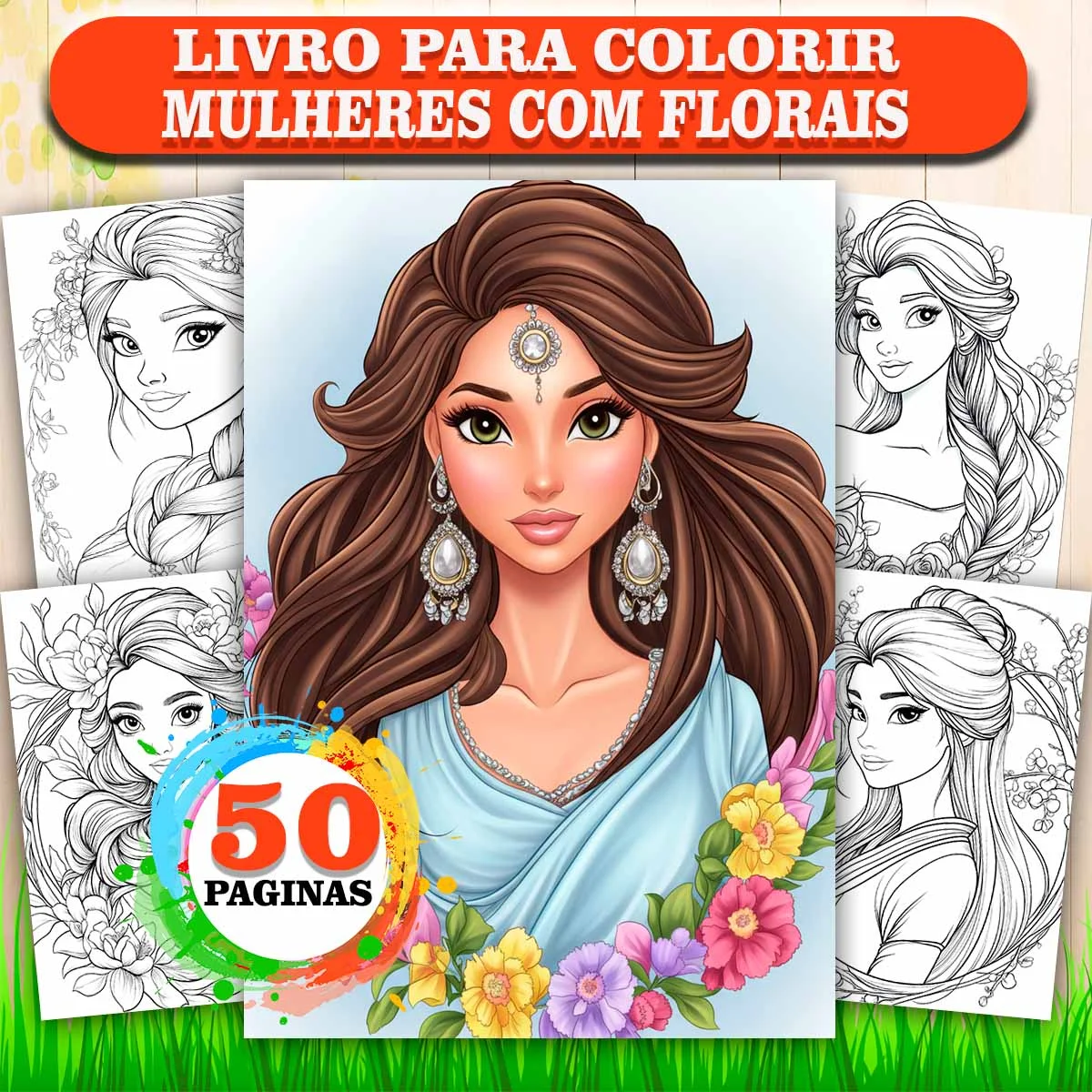 Livro de colorir adulto antiestresse mulheres florais | 50 desenhos femininos relaxamento arteterapia COL057
