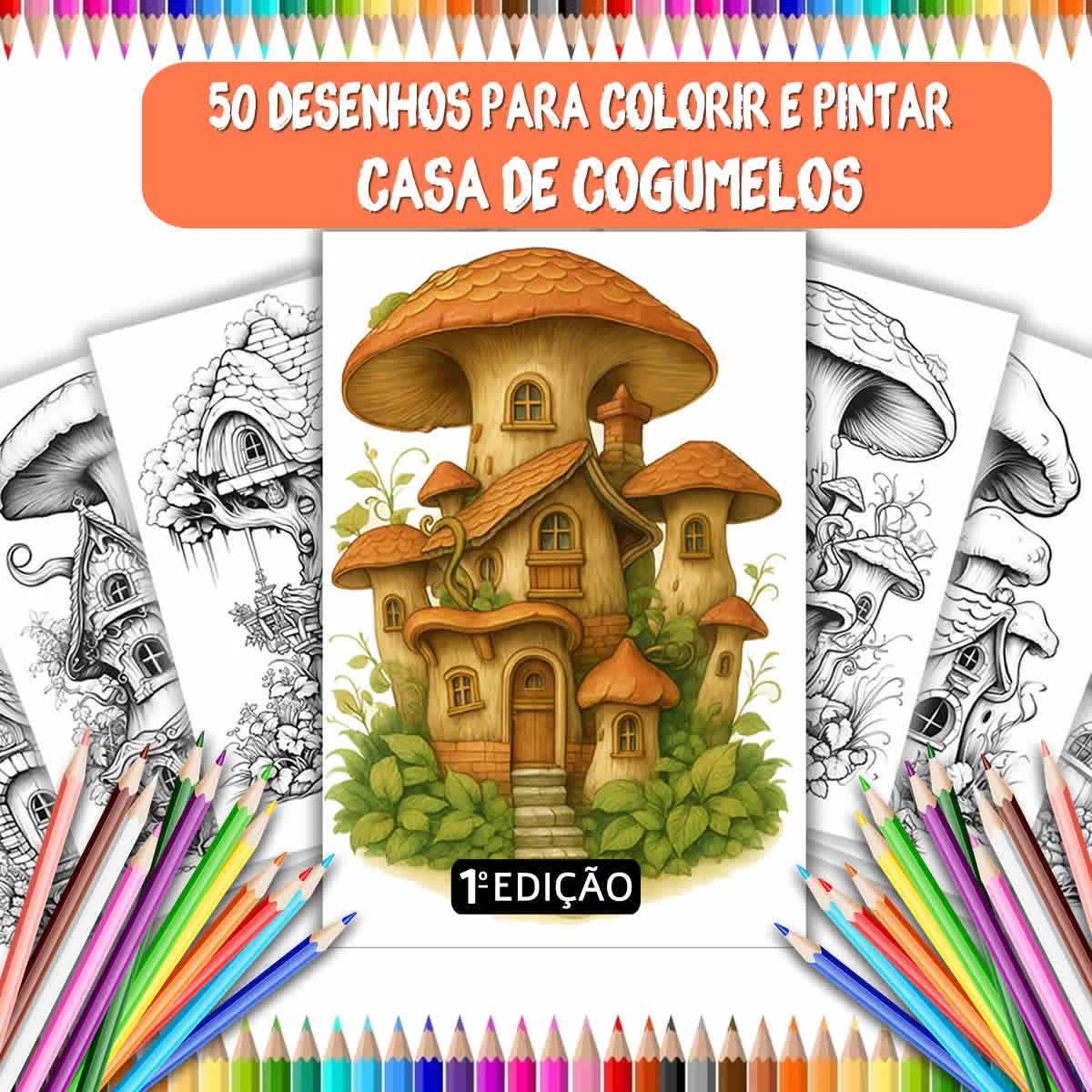 50 Desenhos para colorir Casa Cogumelos 1 EDIÇÃO- Atividade Relaxante - Crianças Adultos COL22
